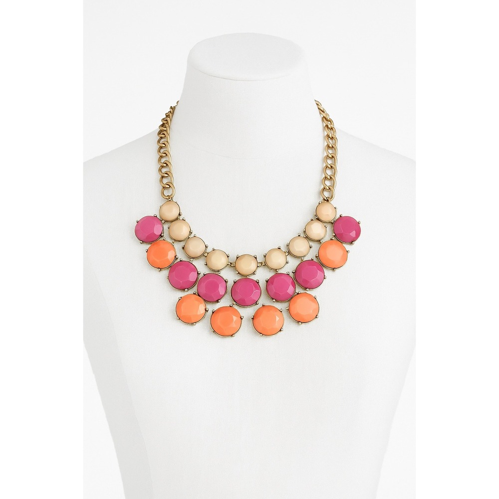 Color Block Statement Necklace Coral Pink‎ Nude Faceted Beads Gold Chain